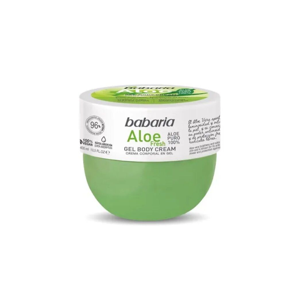 Barattolo di crema verde con coperchio bianco. Scritta: Babaria Aloe Fresh Gel Body Cream. Sigillo vegano.