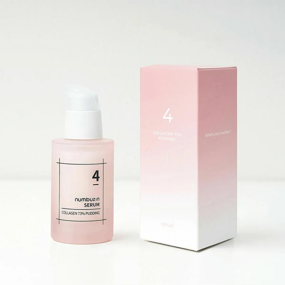 Flacone di siero rosa con dosatore bianco e confezione rosa. Scritta: 4, Numbuz:n Serum, Collagen 73% Pudding.