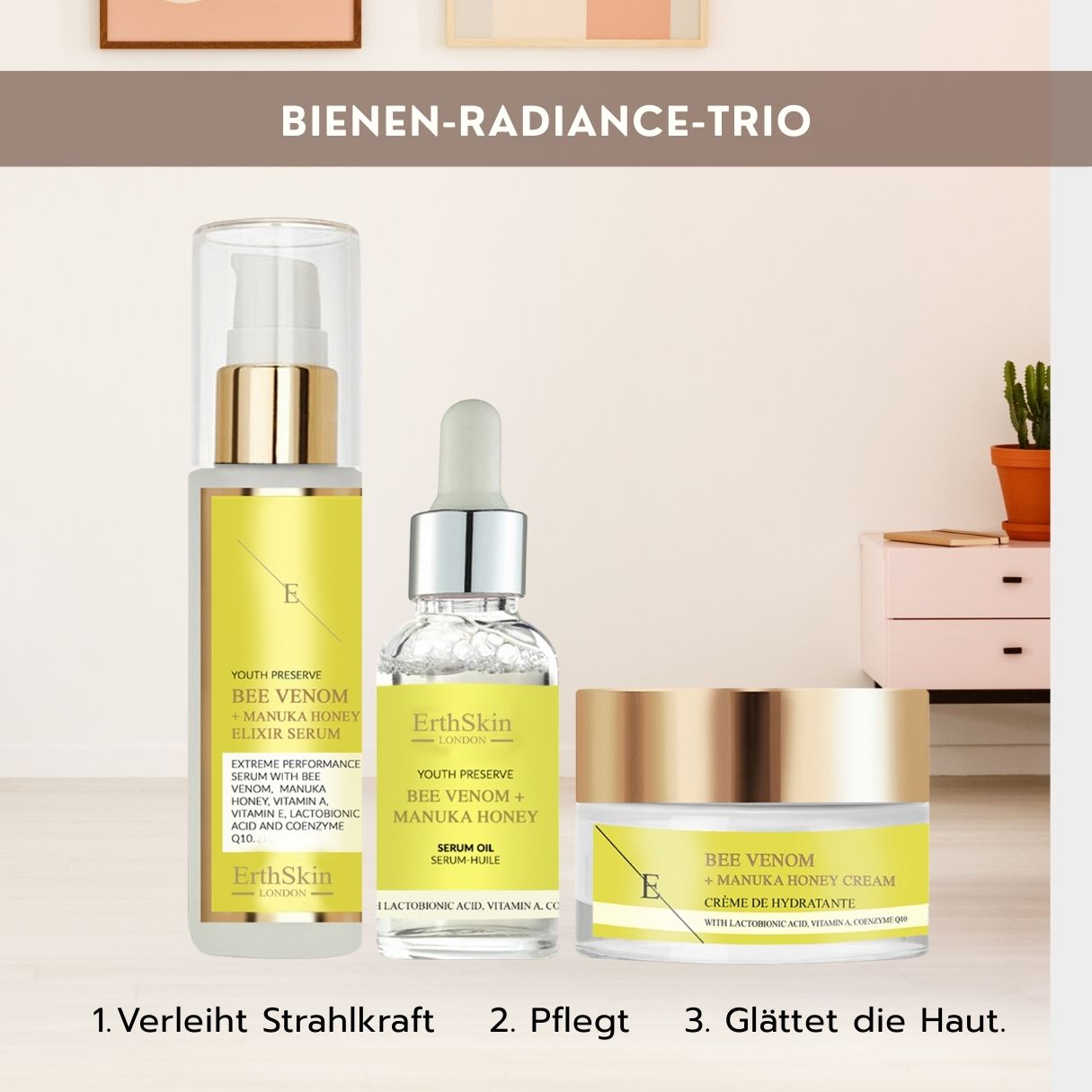 Trio 'Bienen-Radiance' di ErthSkin London: siero, olio siero e crema.