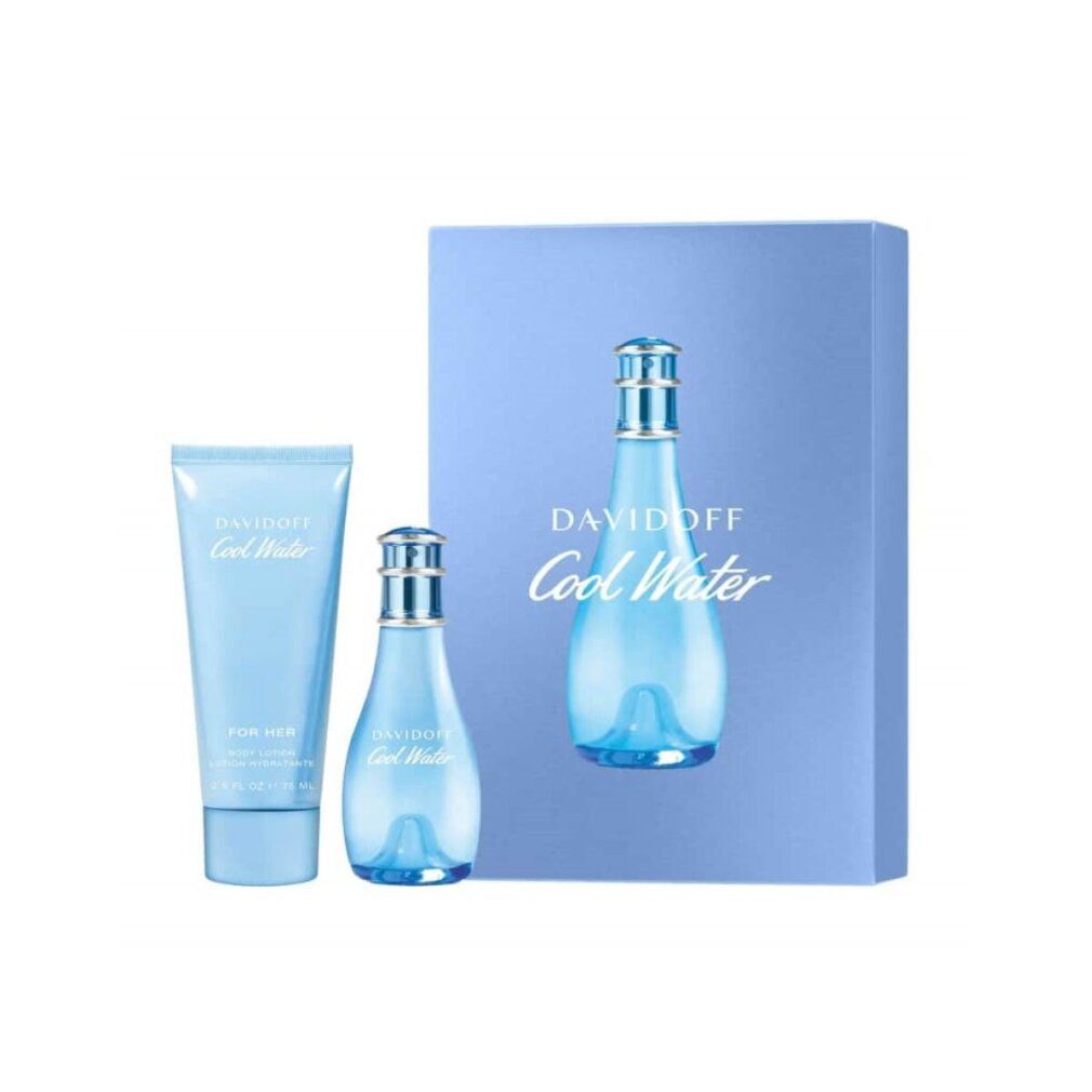 Set regalo Davidoff Cool Water. Contiene flacone, miniatura e tubo. Confezione azzurra con scritta. Flaconi e tubo in plastica blu.