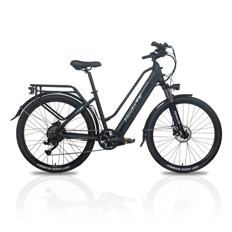 E-bike nera, vista laterale. Scritta Hedatx TXC10 sul telaio. Portapacchi e parafanghi.