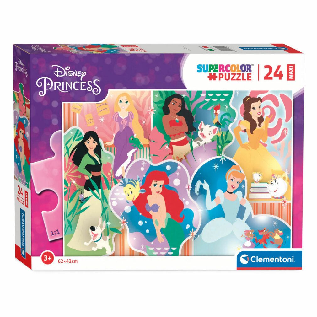 Scatola puzzle Clementoni Disney Princess, 24 pezzi. Puzzle Supercolor. Età consigliata: 3+. Dimensioni: 62x42 cm.