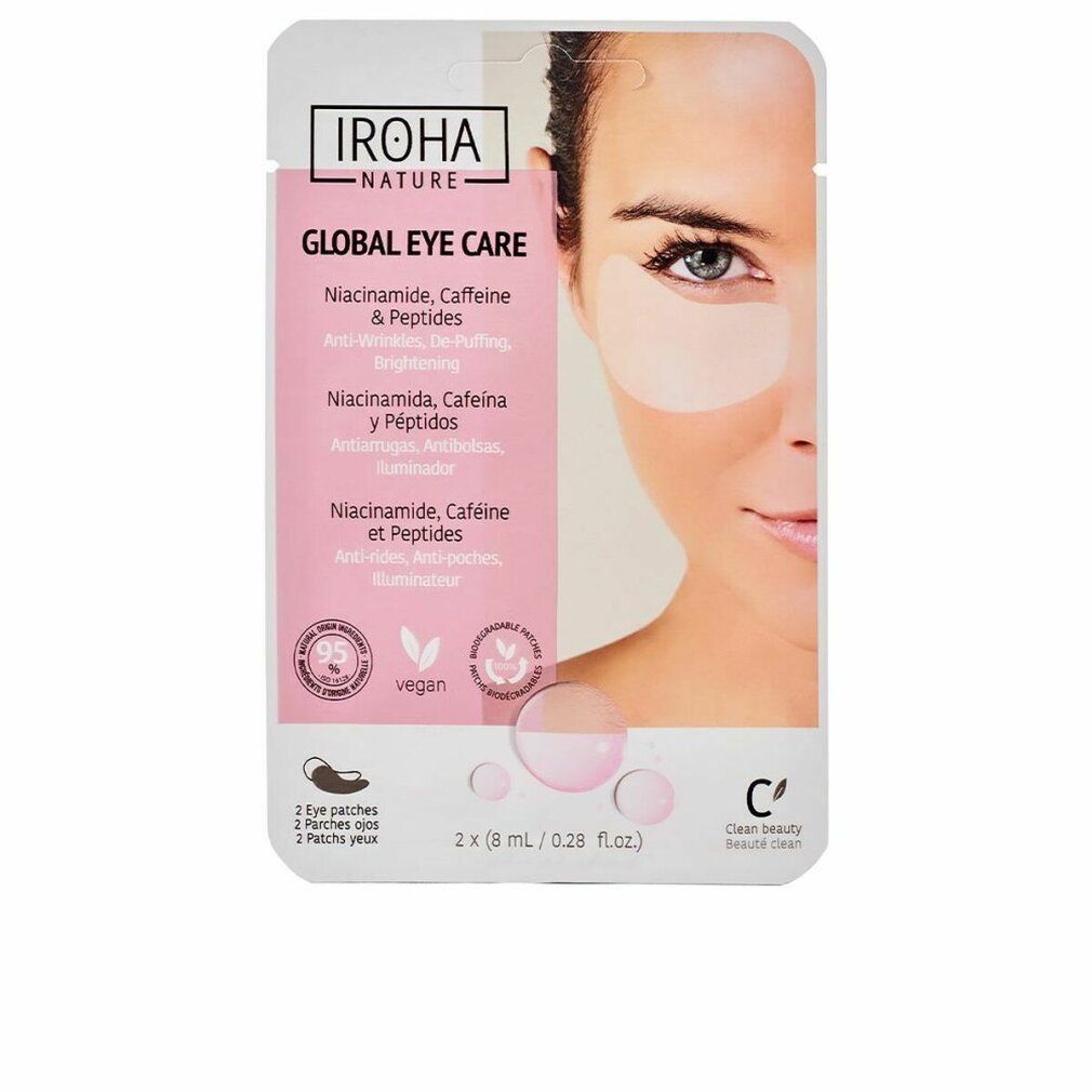Confezione di due patch occhi. Scritta: Iroha Nature, Global Eye Care. Contiene niacinamide, caffeina e peptidi. Vegano. Donna con patch.