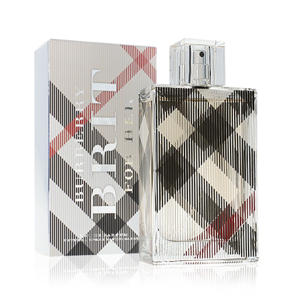 Flacone e confezione Burberry Brit For Her. Motivo a quadri. Flacone con vaporizzatore.