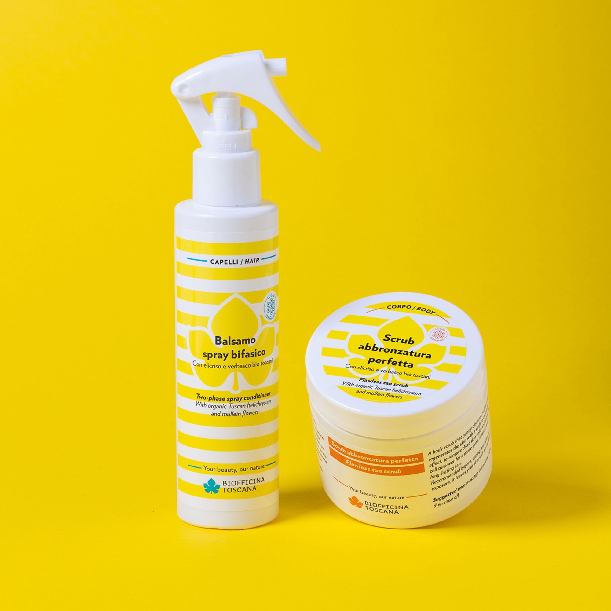 Due prodotti su sfondo giallo. Flacone spray e vasetto. Scritte: Balsamo spray bifasico e Scrub abbronzatura perfetta.