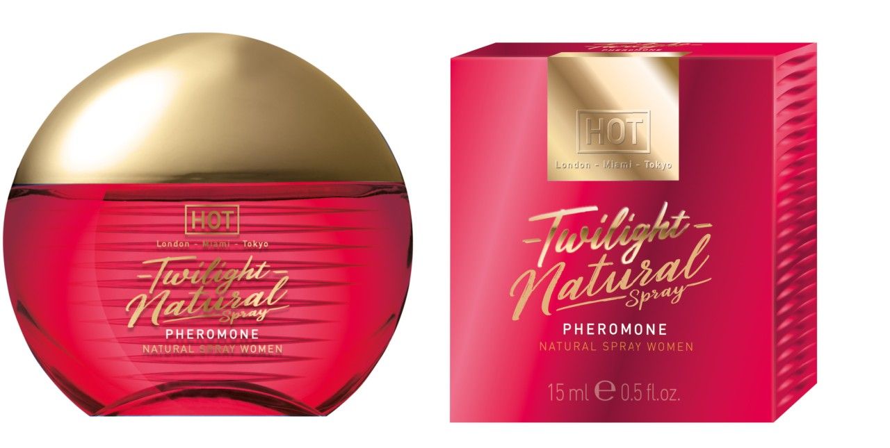 Scatola rossa e flacone rotondo rosso con tappo dorato. Scritta "Twilight Natural Spray Pheromone".
