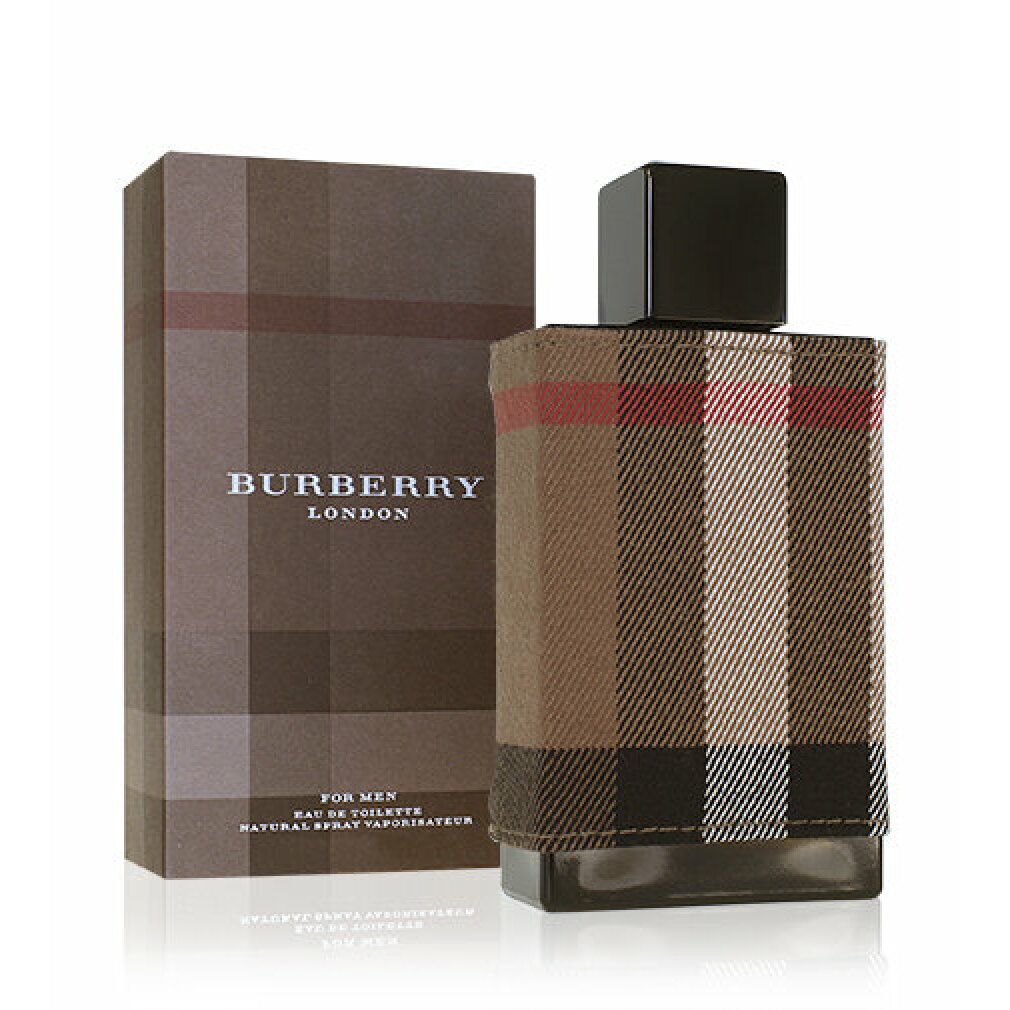 Burberry London Eau de Toilette Spray con confezione. Flacone e scatola con motivo a quadri. Testo: Burberry London, Eau de Toilette, For Men.