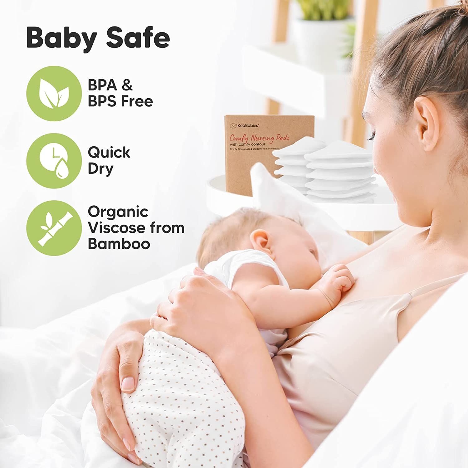 Madre che allatta il bambino. Scritta: Baby Safe, BPA & BPS Free, Quick Dry, Organic Viscose from Bamboo. Confezione sullo sfondo.