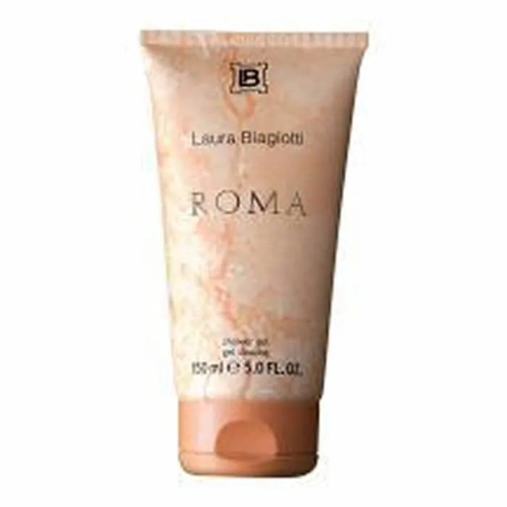 Tubo beige con "Laura Biagiotti ROMA". Tappo marrone. Scritta "Shower gel".