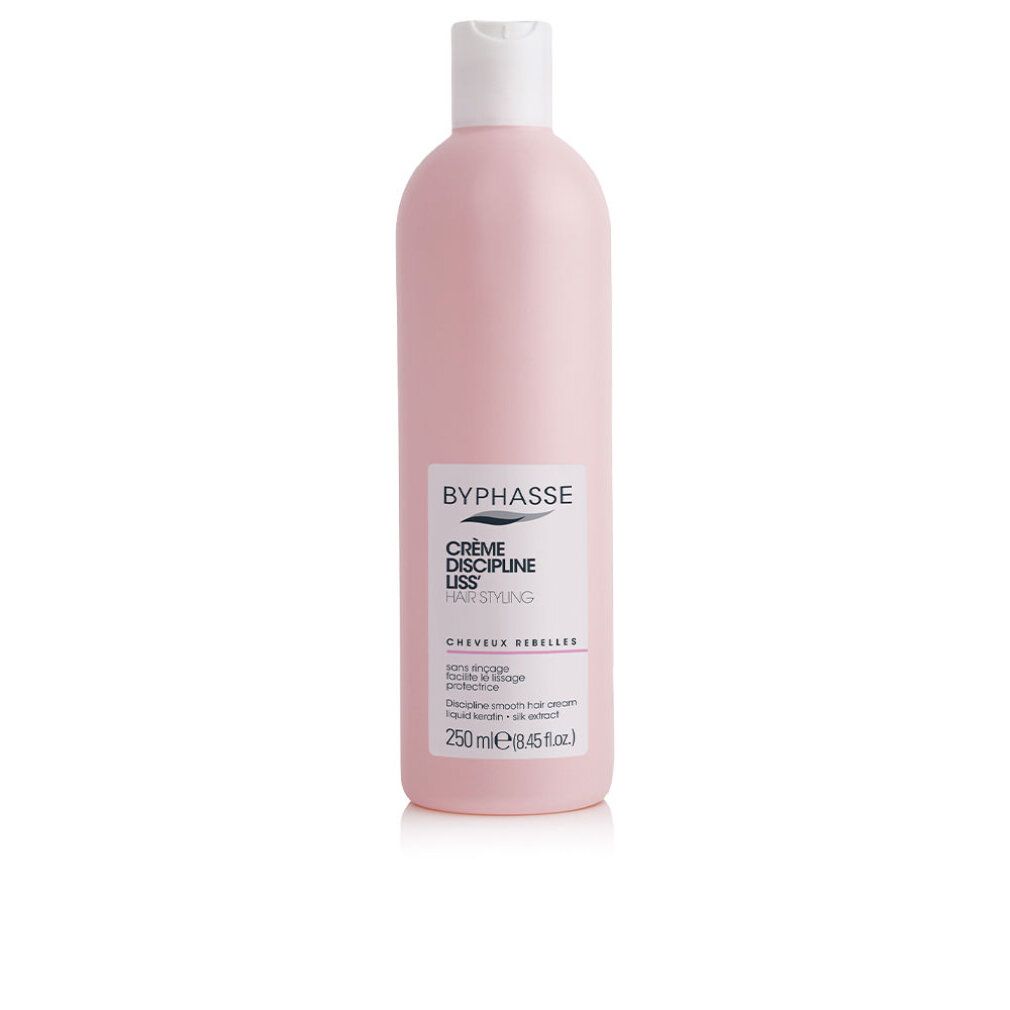 Flacone rosa con tappo bianco. Etichetta: BYPHASSE, Crème Discipline Liss, Hair Styling. Testo: Cheveux rebelles.