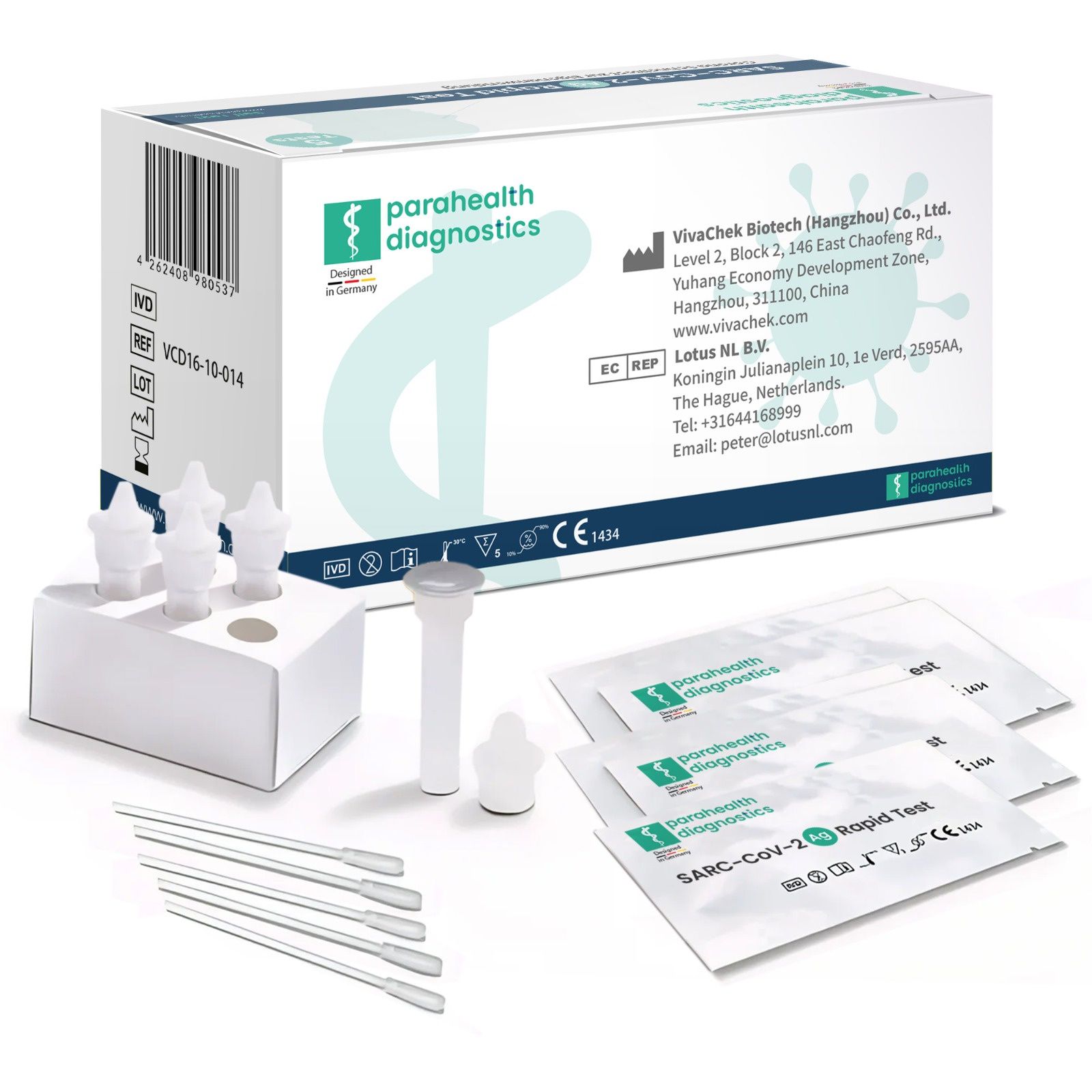 Kit di test rapido Parahealth Diagnostics SARS-CoV-2. Contiene cassette di test, tamponi, provette di estrazione e supporto. Marchio CE.