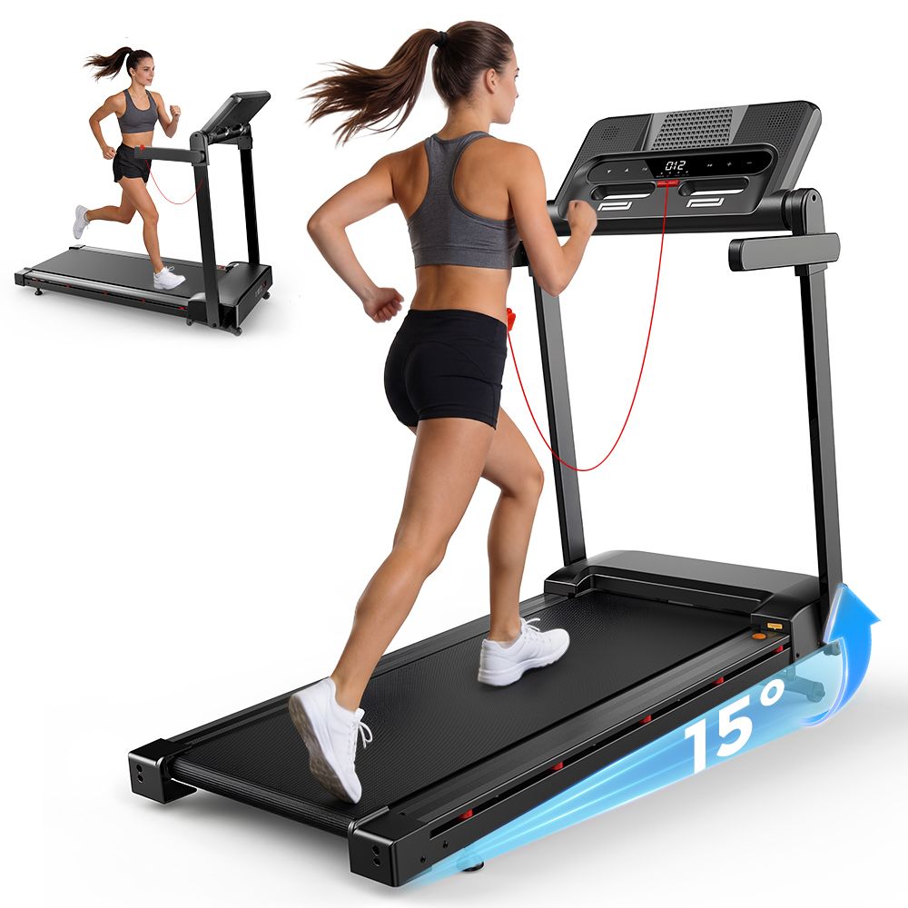 Donna che corre su tapis roulant nero. Frecce blu indicano 15° di inclinazione. Display app.