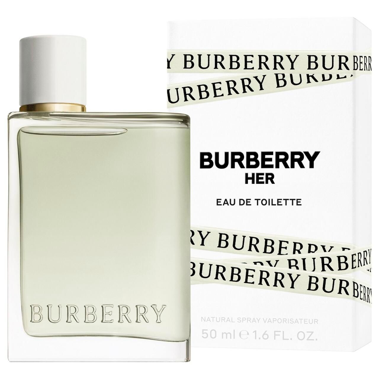 Flacone Burberry Her Eau de Toilette e confezione. Tappo bianco, collare dorato, liquido trasparente. Confezione con logo.