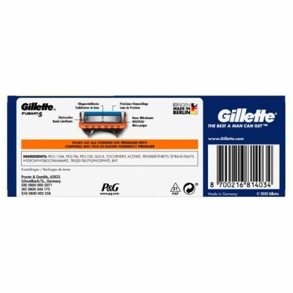 Retro della confezione di lame di ricambio Gillette Fusion5. Contiene informazioni sul prodotto, ingredienti, indirizzo del produttore e codice a barre.
