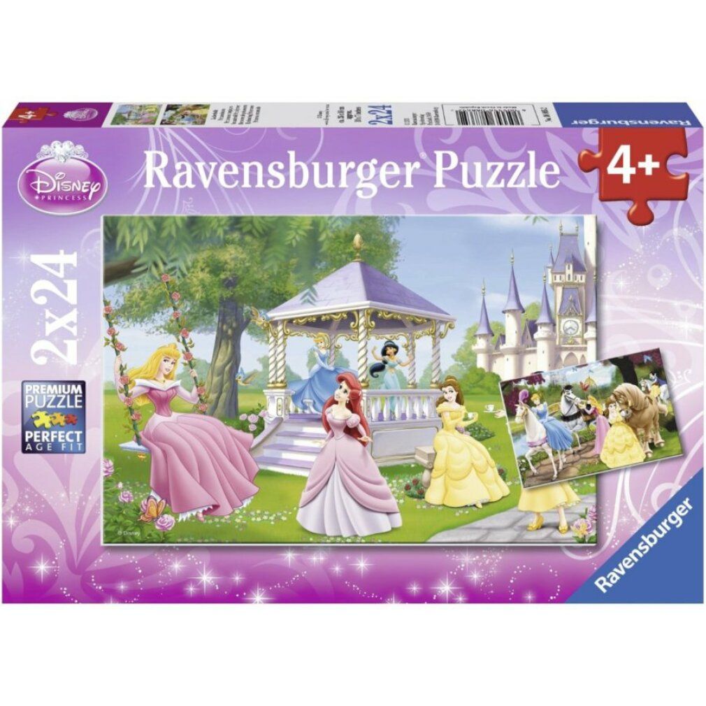 Puzzle Ravensburger, 2x24 pezzi, Principesse Disney. Confezione con principesse davanti a un castello. Età: 4+.