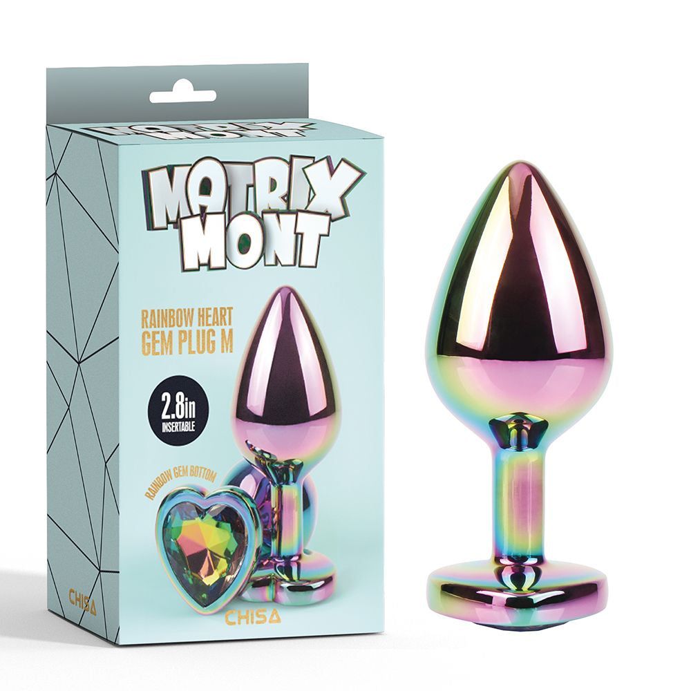 Confezione con plug anale. Nome prodotto: Rainbow Heart Gem Plug M. Marchio: Matrix Mont. 2.8in. Prodotto visibile.