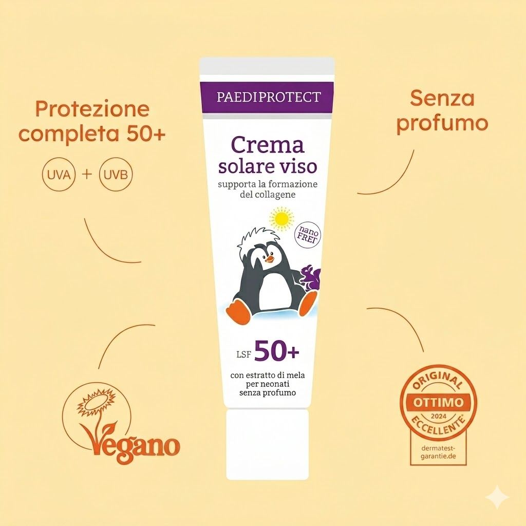 Tubo crema solare con pinguino. SPF 50+, senza profumo, sigillo Vegan, sigillo Dermatest.