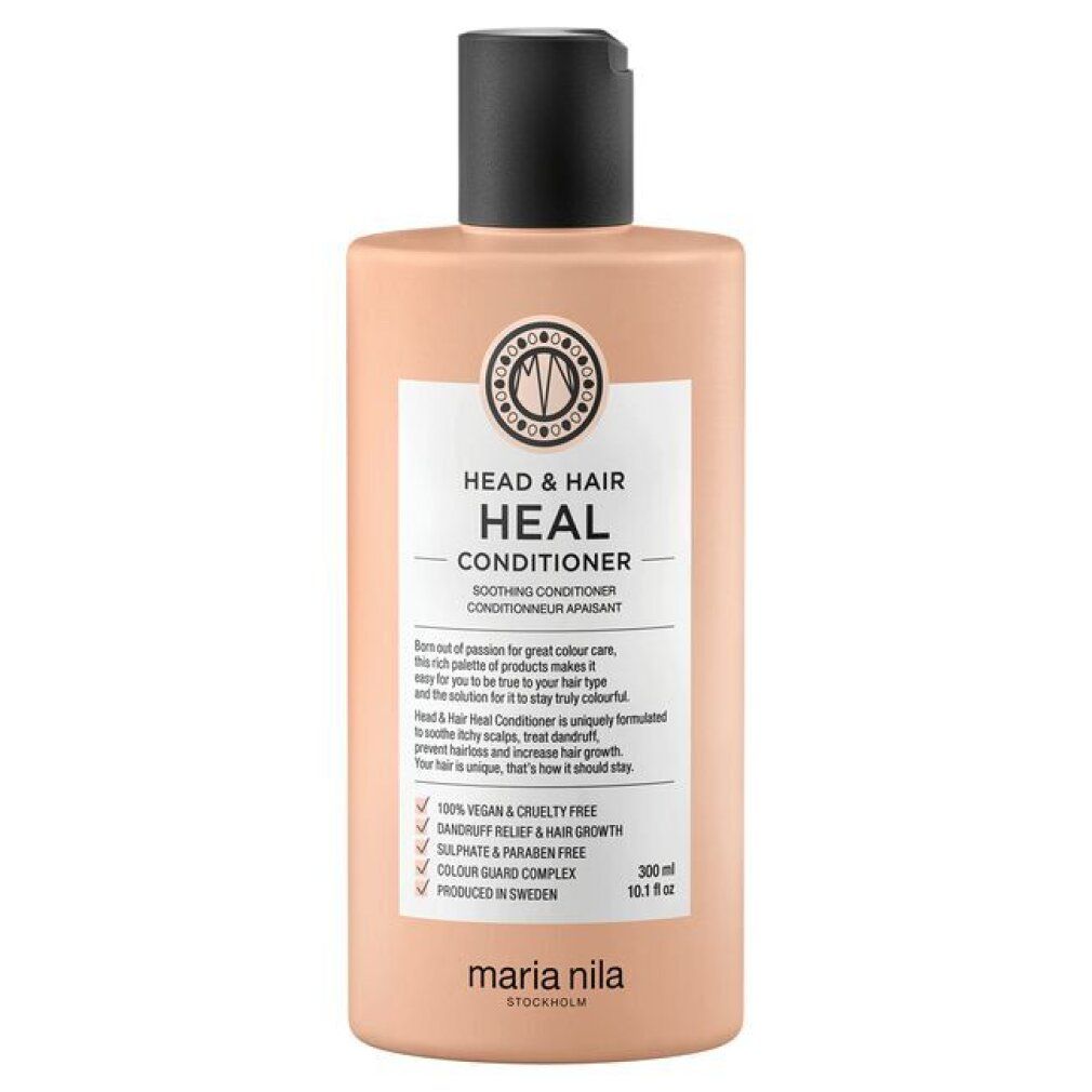 Flacone beige con tappo nero. Etichetta con testo: HEAD & HAIR HEAL CONDITIONER. Marchio: Maria Nila. 300 ml.