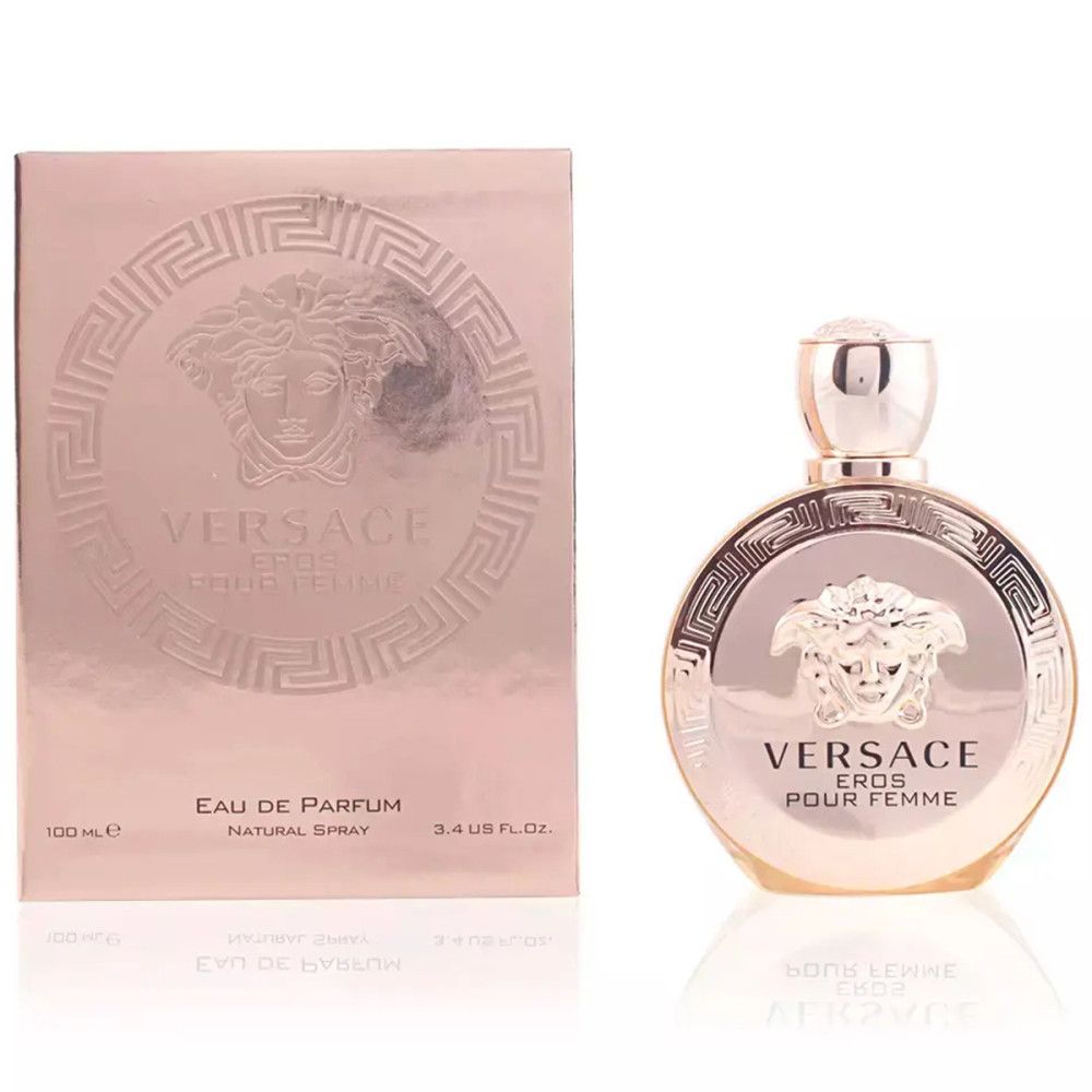 Flacone e confezione rosa. Scritta: VERSACE EROS POUR FEMME. Eau de Parfum, Natural Spray.