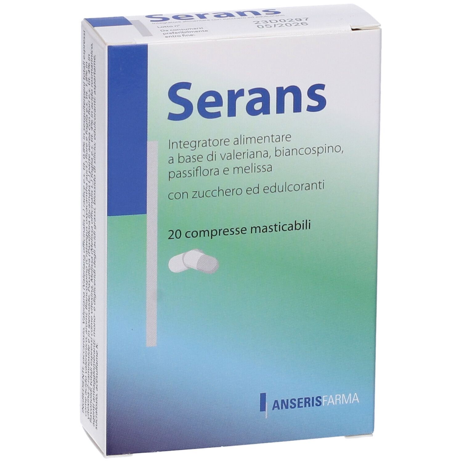 Confezione "Serans" con logo e informazioni sul prodotto. 20 compresse. Confezione bianca.