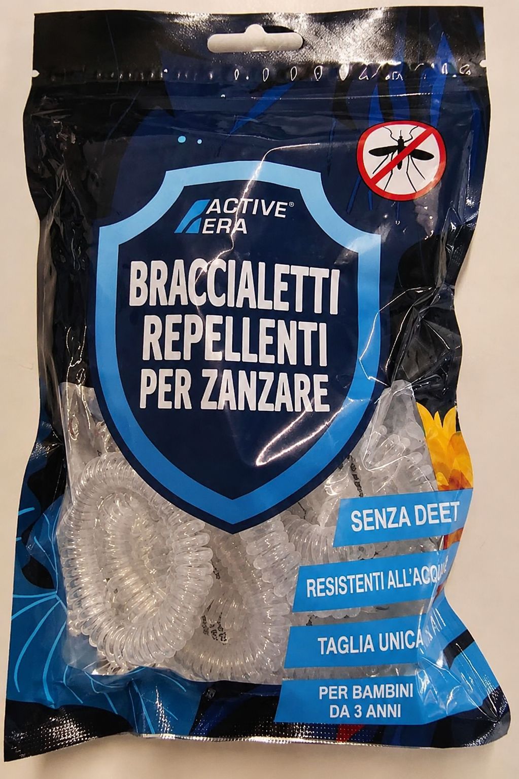 Confezione di braccialetti a spirale. Testo: Active Era, Braccialetti repellenti per zanzare, senza DEET, resistenti all'acqua.