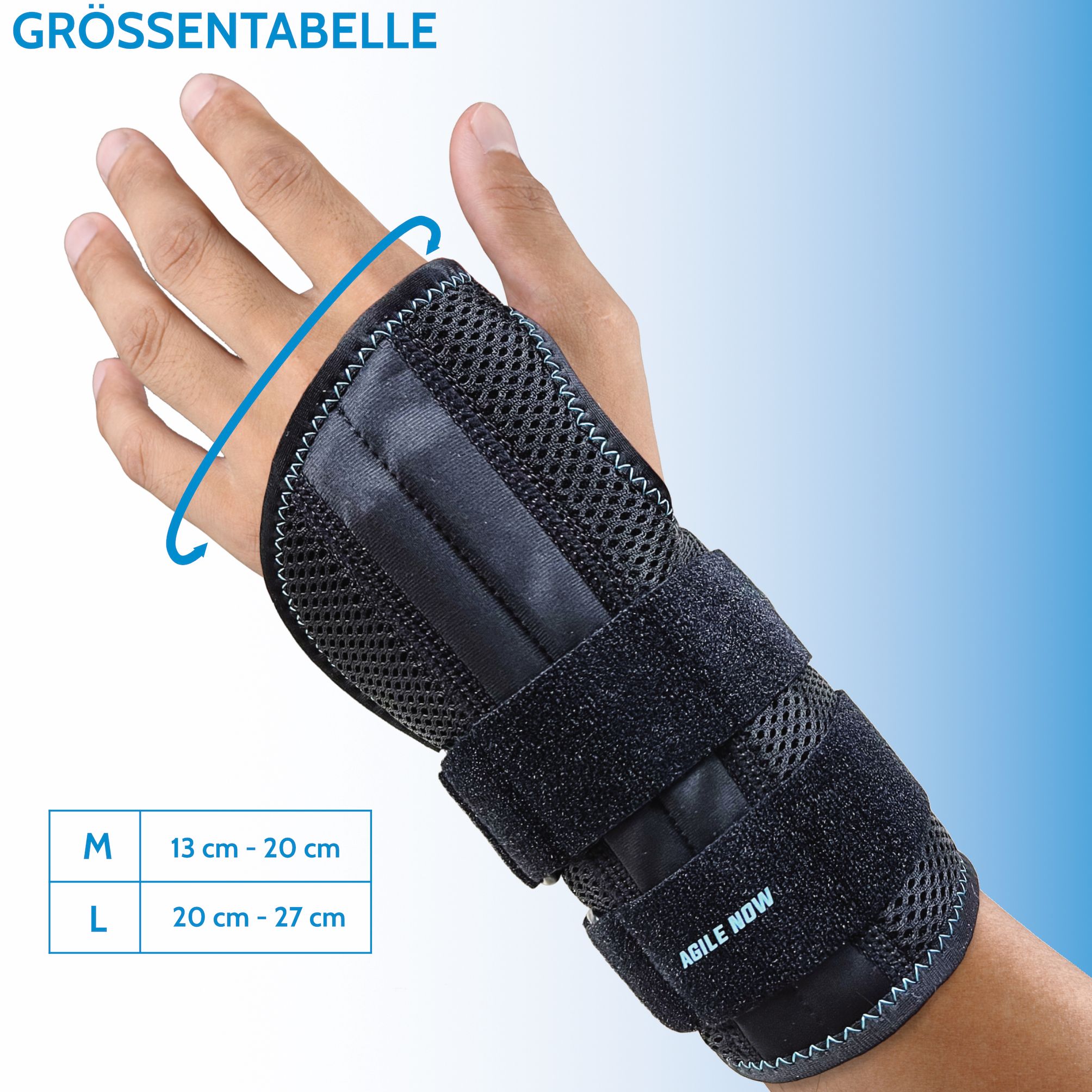 Tutore per polso su un polso. Nero, con velcro. Taglie: M (13-20 cm), L (20-27 cm). Testo: AGILE NOW. Indicazione taglie.