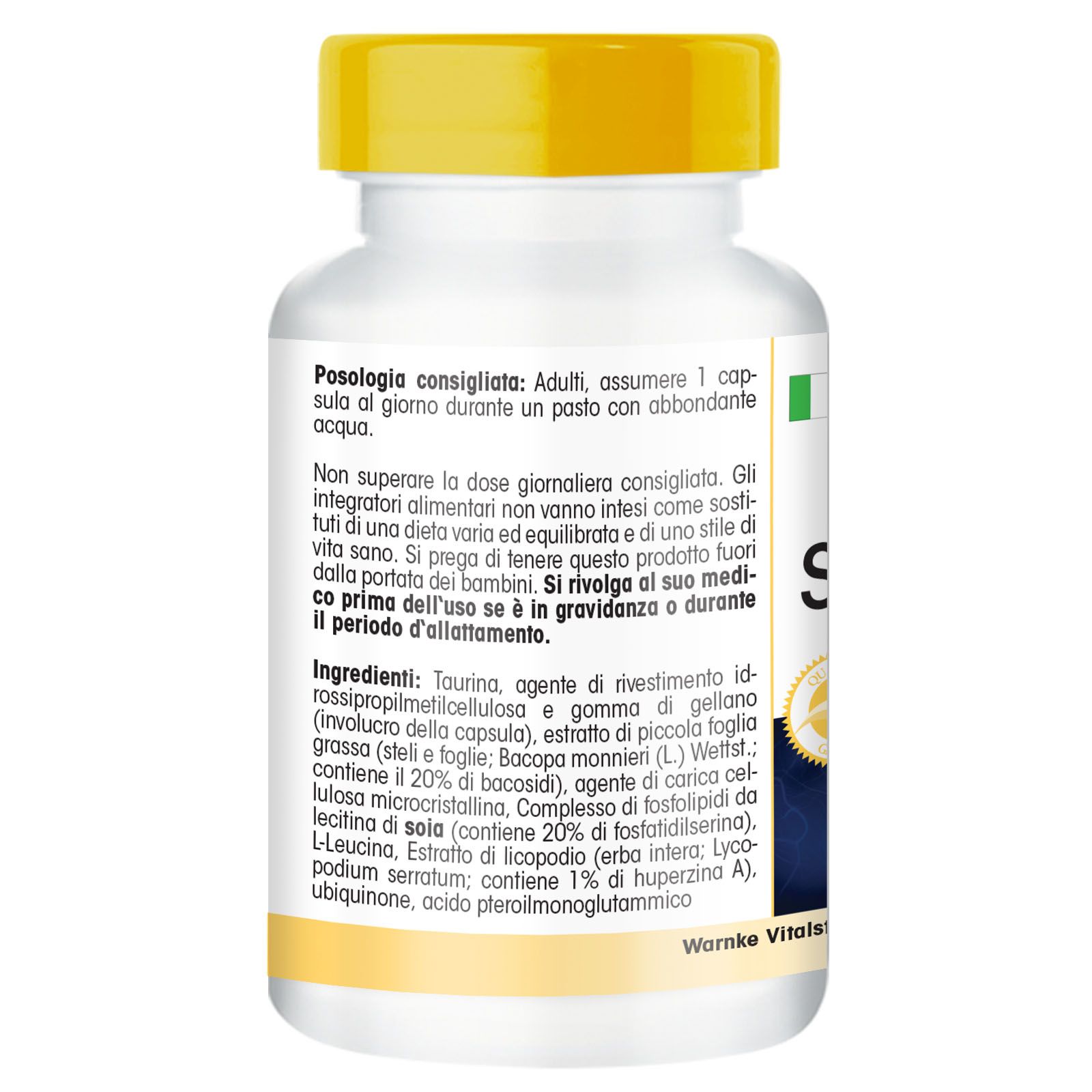 Retro del flacone bianco. Testo in italiano. Elenco ingredienti e avvertenze. Logo Warnke Vitalstoffe.