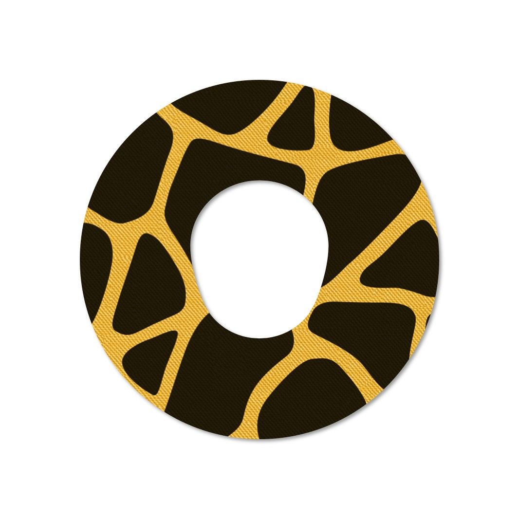 Cerotto rotondo con motivo giraffa. Linee gialle su sfondo marrone.