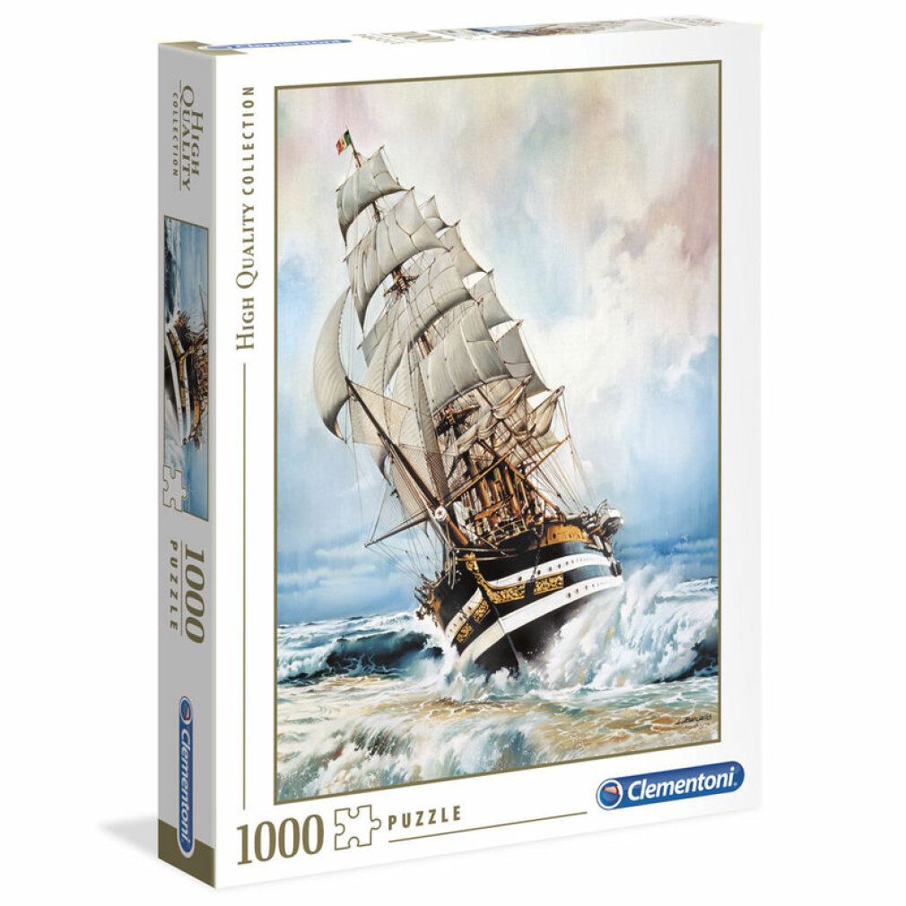 Scatola puzzle con motivo nave a vela. 1000 pezzi. Marchio Clementoni. Collezione di alta qualità. La confezione mostra la nave in mare in tempesta.