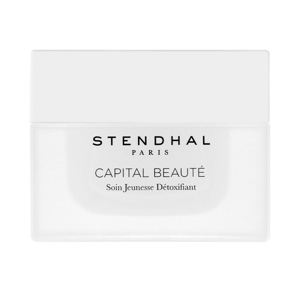 Vasetto bianco con coperchio. Scritta: STENDHAL PARIS, CAPITAL BEAUTÉ, Soin Jeunesse Détoxifiant.