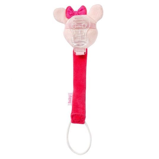 Catena portaciuccio con testa di cervo, fiocco rosa, tessuto, clip e ciuccio. Elementi rosa e bianchi. Con anello e ciuccio.