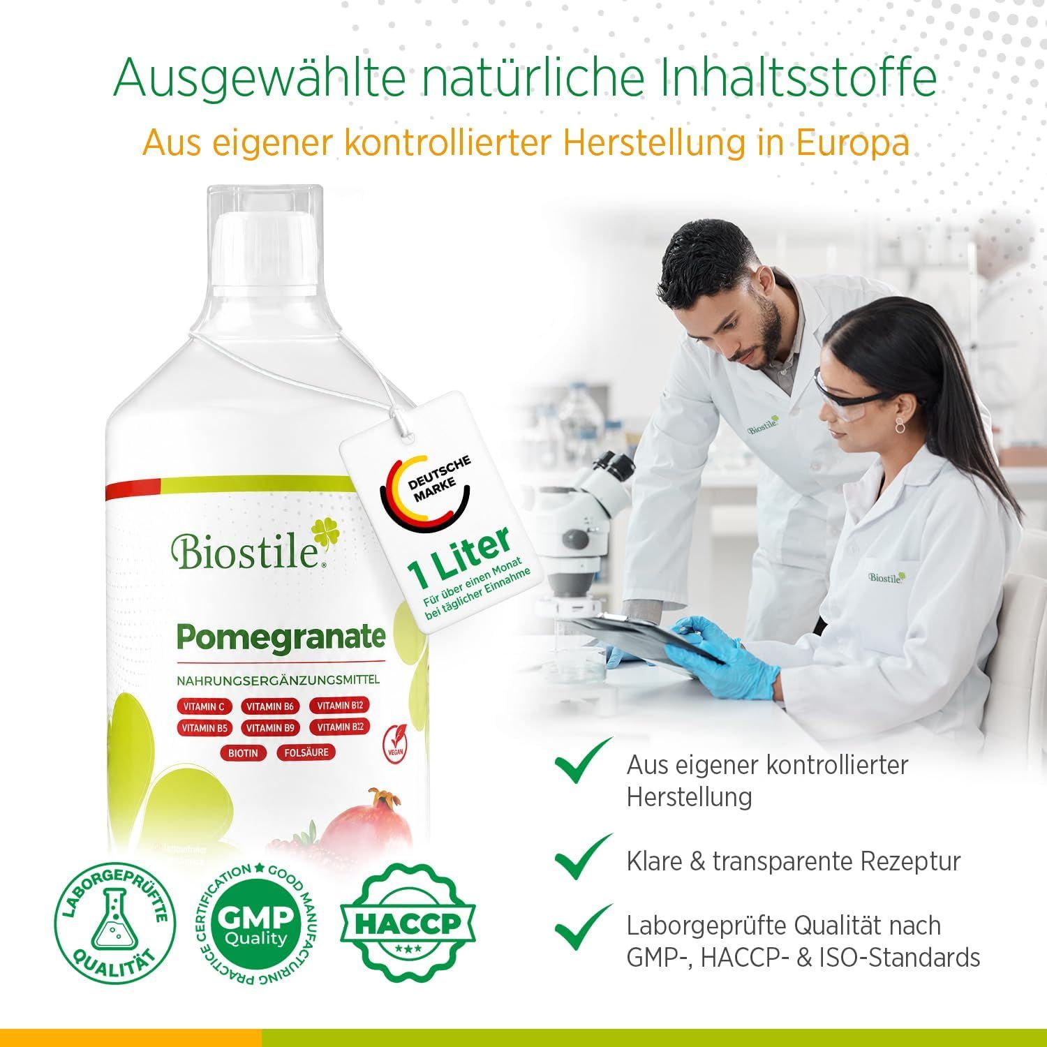 Bottiglia di succo di melograno Biostile, 1L. Ambiente di laboratorio, GMP, HACCP, standard ISO.