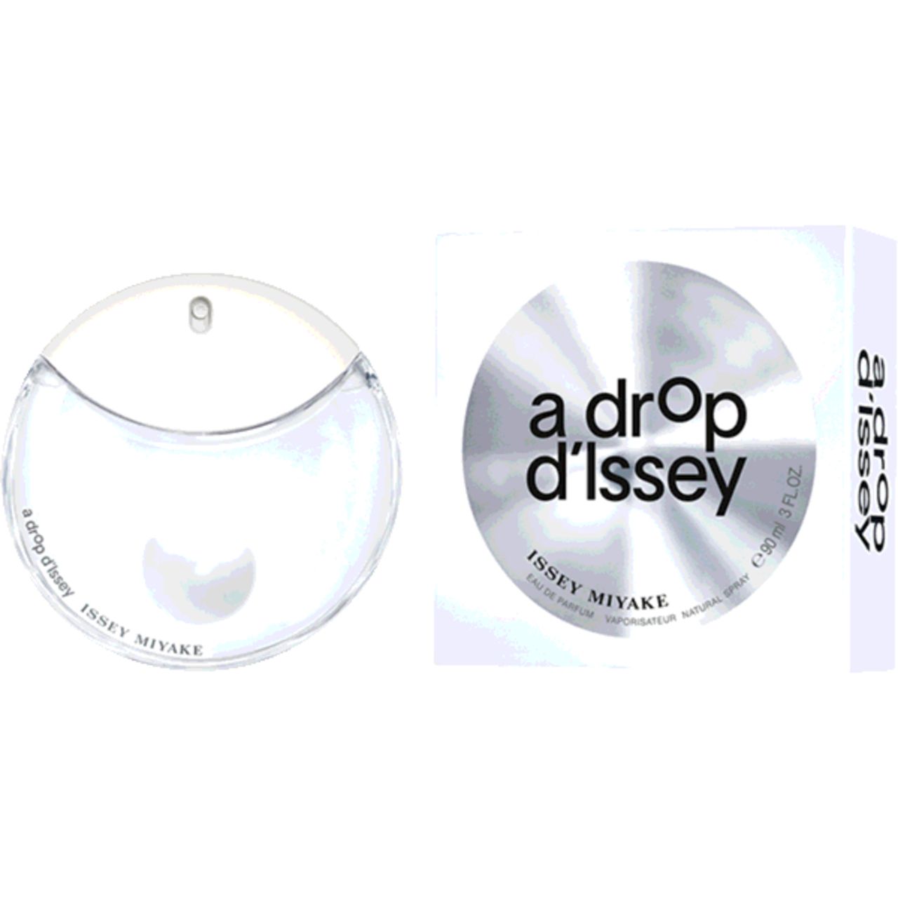 Flacone rotondo e confezione. Scritta: a drop d'Issey, ISSEY MIYAKE.