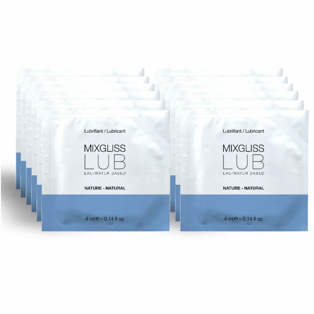 Diverse confezioni singole di lubrificante. Bustine bianche con fascia blu e nome del prodotto. Scritta: MIXGLISS LUB, eau/water based, nature - natural.
