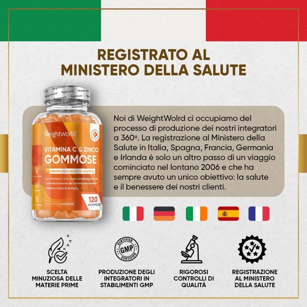 Weightworld Vitamin C & Zink Gummibärchen. Bottiglia, testo, testo. 120 caramelle gommose. Ingredienti, valori nutrizionali.