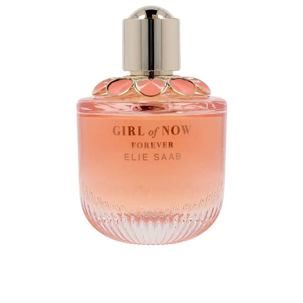 Flacone rotondo con liquido rosa, tappo argentato e fiori rosa. Testo: GIRL of NOW FOREVER ELIE SAAB.