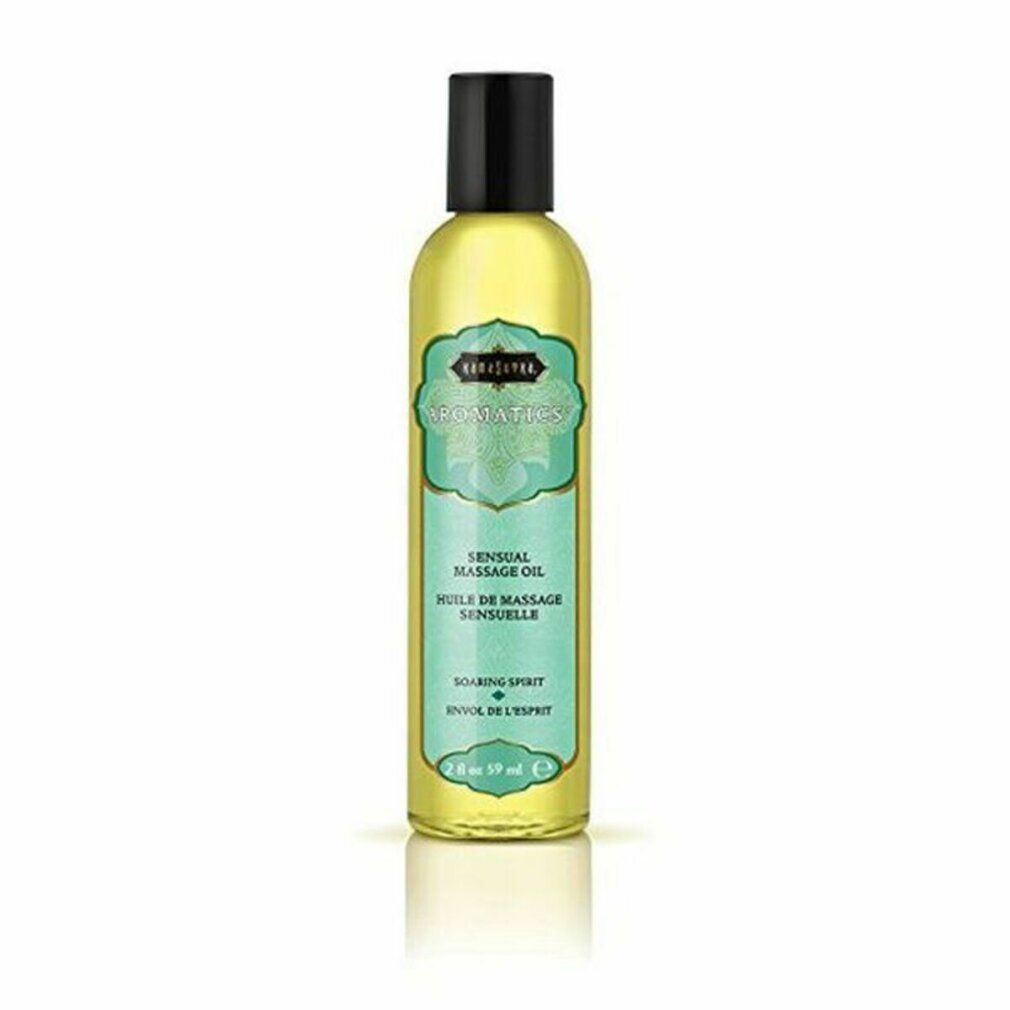 Olio per massaggio liquido in bottiglia con tappo nero. Scritta: Aromatics, Sensual Massage Oil. Etichette turchesi.