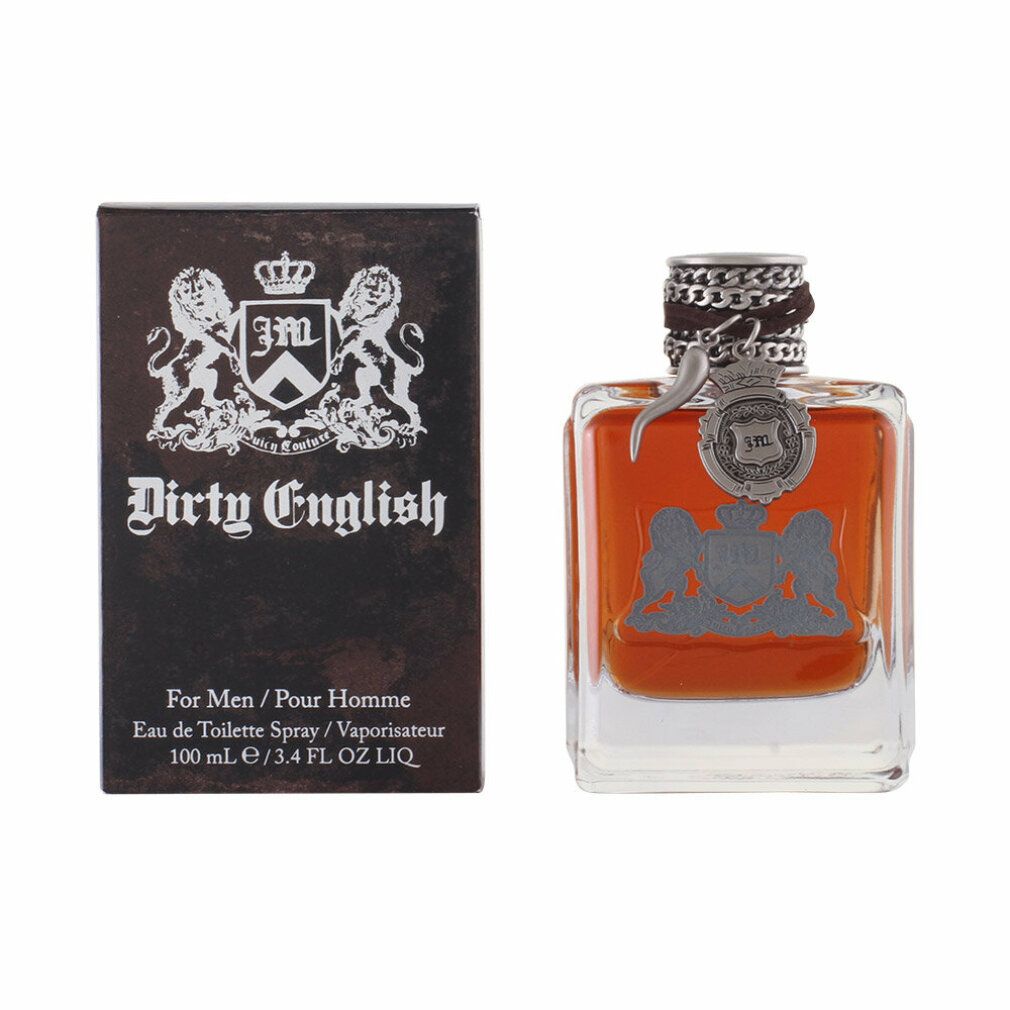 Spray Eau de Toilette con confezione. Flacone con tappo argentato e logo. Confezione con logo e scritta Dirty English.