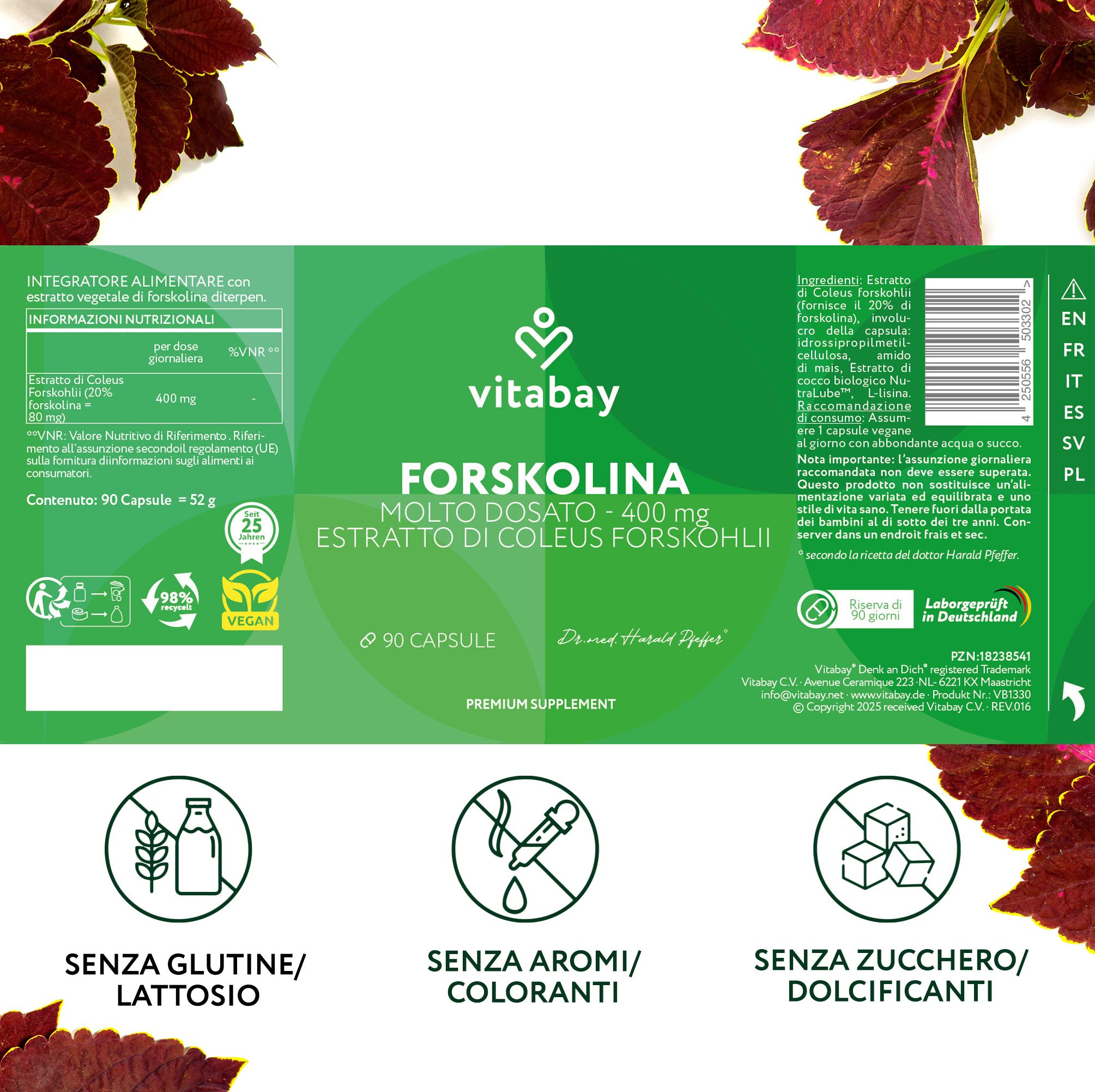 Barattolo Vitabay Forskolin con sigilli: Senza glutine, lattosio, aromi, coloranti, zuccheri.