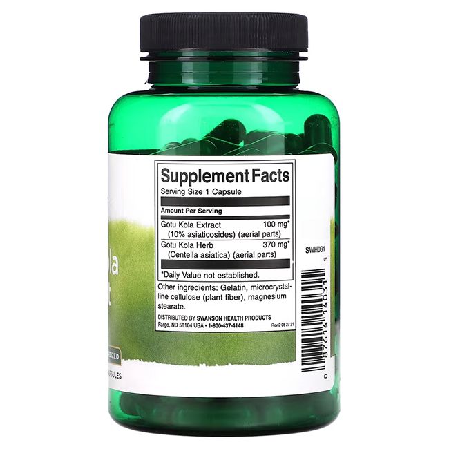 Retro di un flacone verde. Etichetta con informazioni nutrizionali. Contiene estratto ed erba di Gotu Kola. 120 capsule.