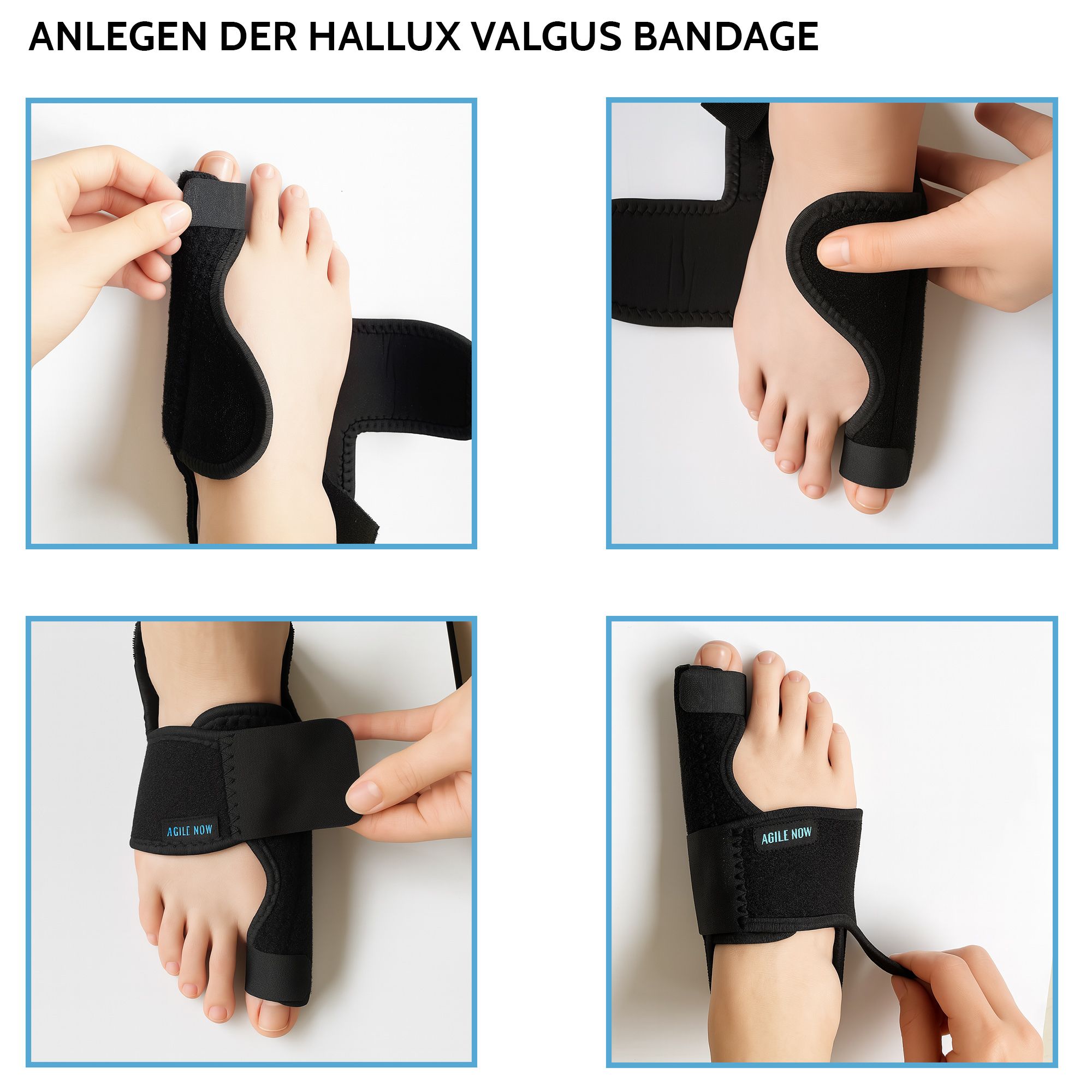 Applicazione del tutore Hallux Valgus. Quattro immagini mostrano l'applicazione del tutore sul piede. Testo: AGILE NOW.