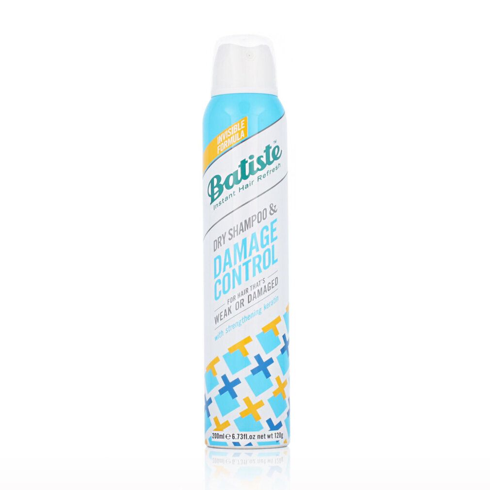 Batiste Dry Shampoo & Damage Control. Flacone spray blu con tappo bianco. Testo: Per capelli deboli o danneggiati.