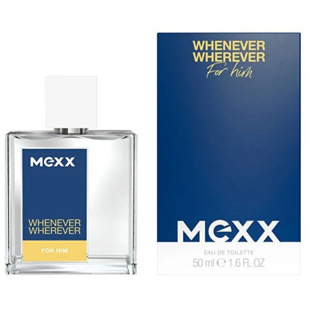 Flacone in vetro e confezione. Flacone con tappo bianco. Confezione con MEXX, Whenever Wherever, For Him.