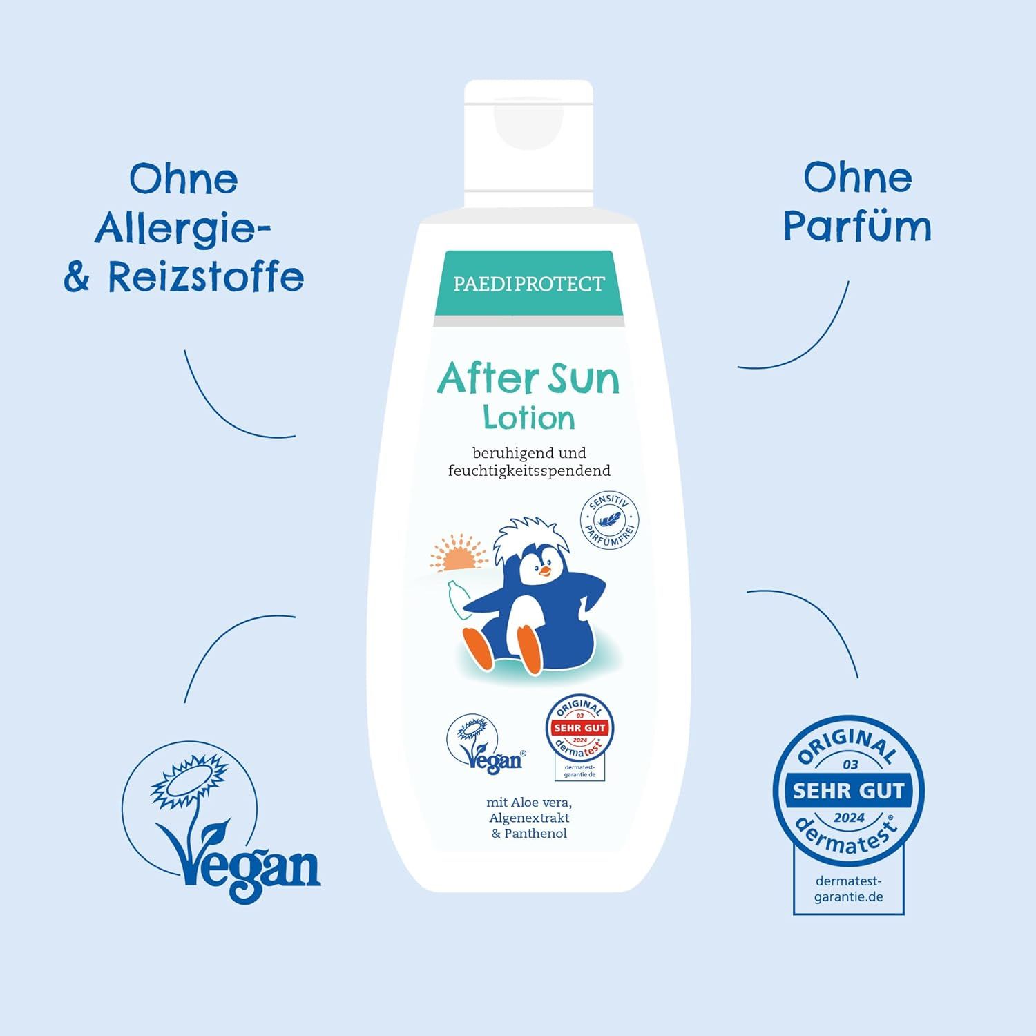 Flacone bianco PAEDIPROTECT After Sun Lotion. Scritta: lenitivo e idratante. Sigillo vegano. Sigillo Dermatest.