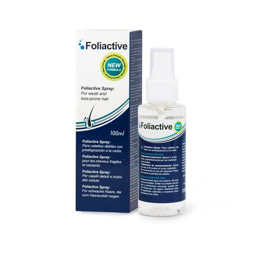 Flacone spray Foliactive e confezione. Flacone con erogatore, liquido trasparente. Confezione con informazioni sul prodotto.