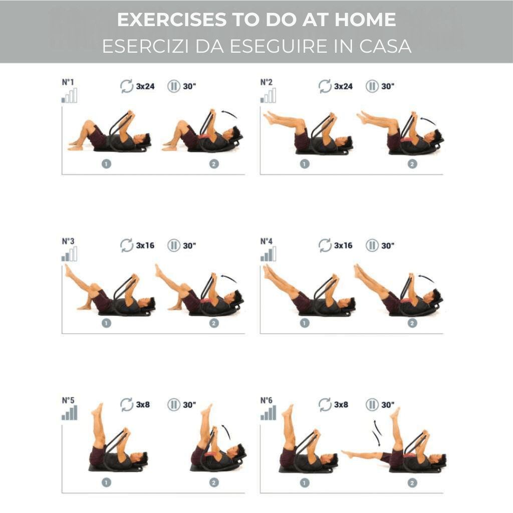 Istruzioni per esercizi con l'AB Trimmer. Sei illustrazioni mostrano diversi esercizi con indicazioni di ripetizioni e durata.