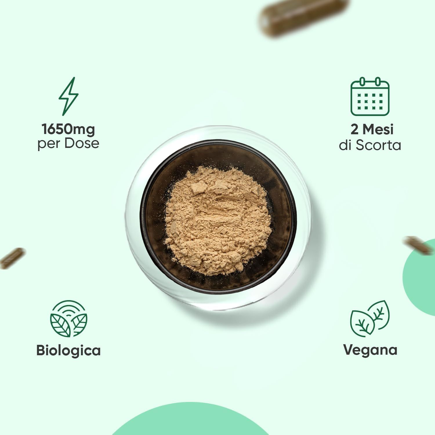 Una ciotola di polvere e capsule. Testo: 1650mg per dose, 2 mesi di scorta, biologico, vegano.