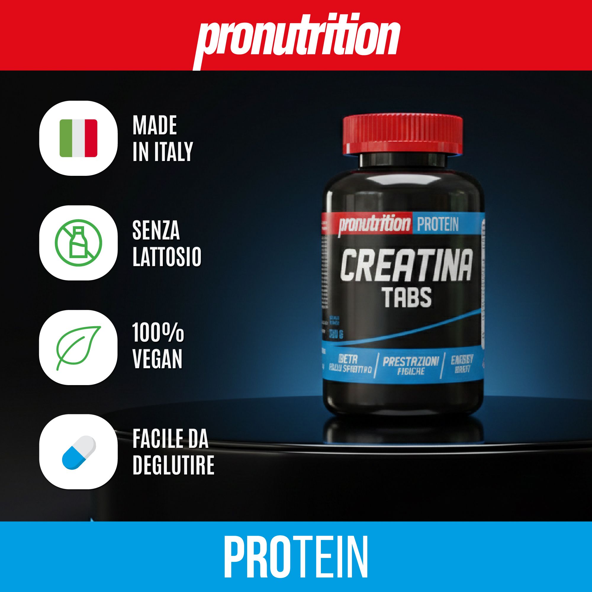 Flacone nero con tappo rosso, Creatina Tabs. Scritte: Made in Italy, Senza Lattosio, 100% Vegan, Facile da deglutire.