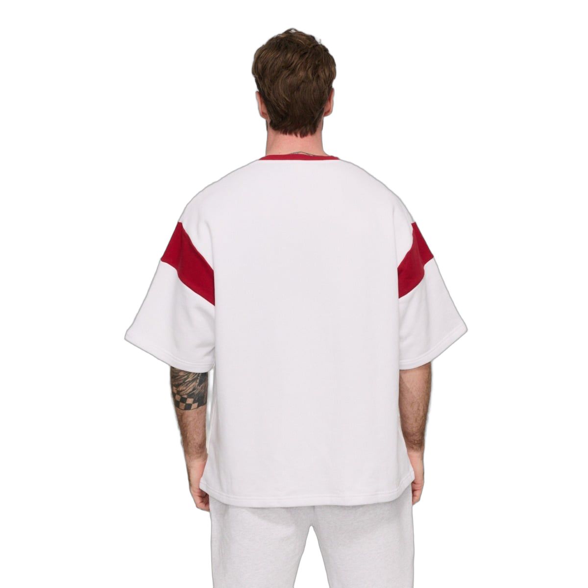 GymBeam T-shirt uomo oversize manica corta Varsity bianco-rosso