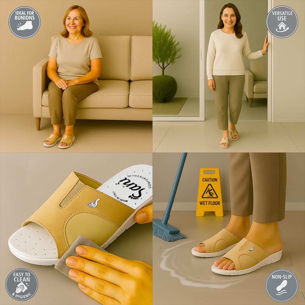 Diverse scene con sandali Sanì. Le donne li indossano in vari ambienti. Testo: 'Non-Slip'.